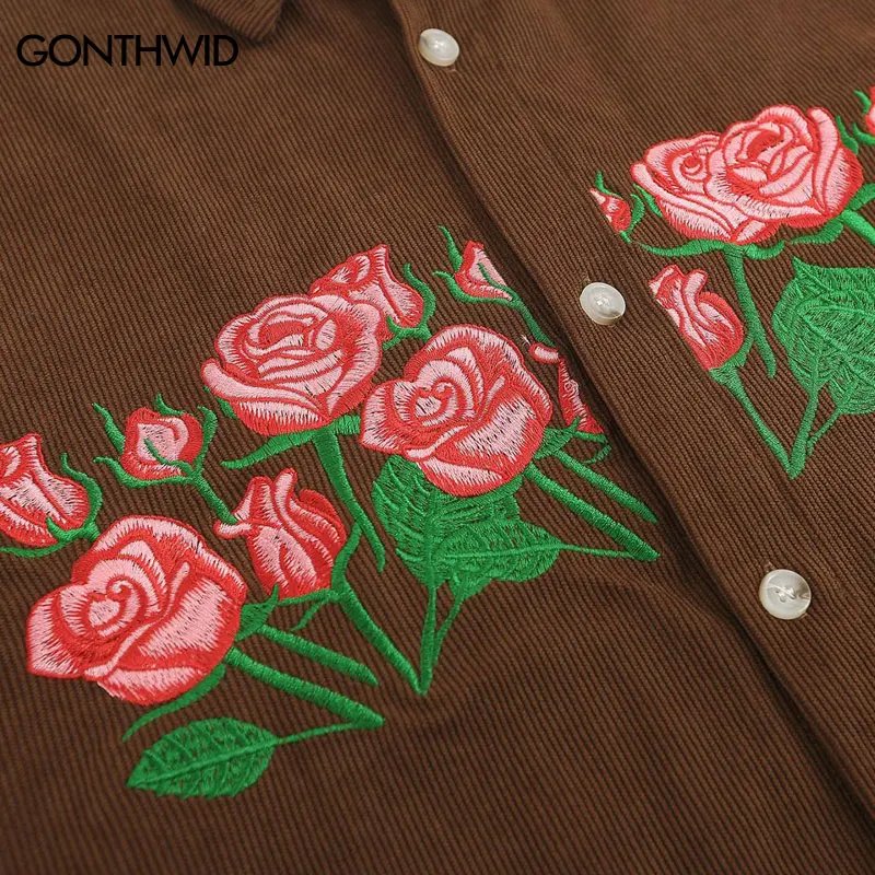 Corduroy Shirt Harajuku Embroidery Floral Short Sleeve Shirts Men Women Summer Fashoin Casual Short Sleeve Shirt Brown Blue