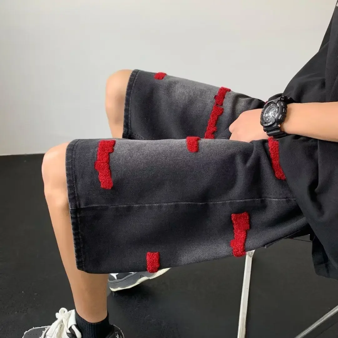 Denim Shorts Summer Jeans Shorts American style men embroidered retro high street washed fashion Instagram hip-hop sports