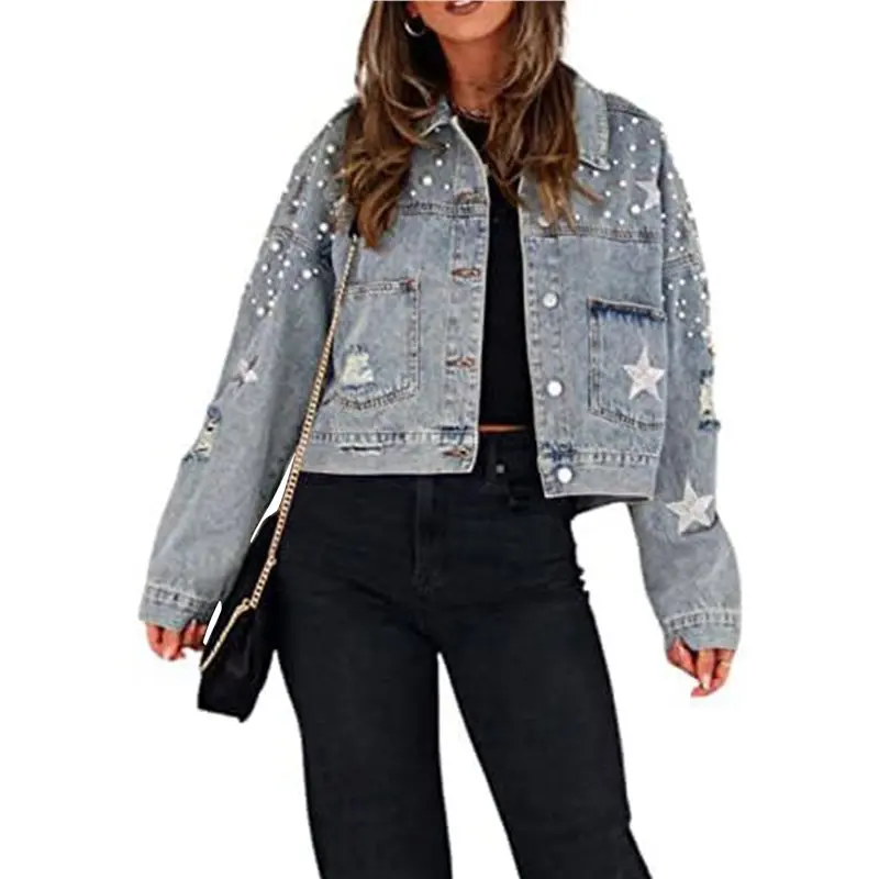 SYW-Women's Cropped Beading Jean Jacket Ripped Star Embroidered Denim ...