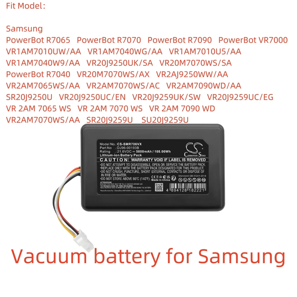 Li-ion Vacuum battery for Samsung,21.6v,5000mAh,PowerBot R7065 VR1AM7010UW/AA SR20J9250U VR 2AM 7070 WS