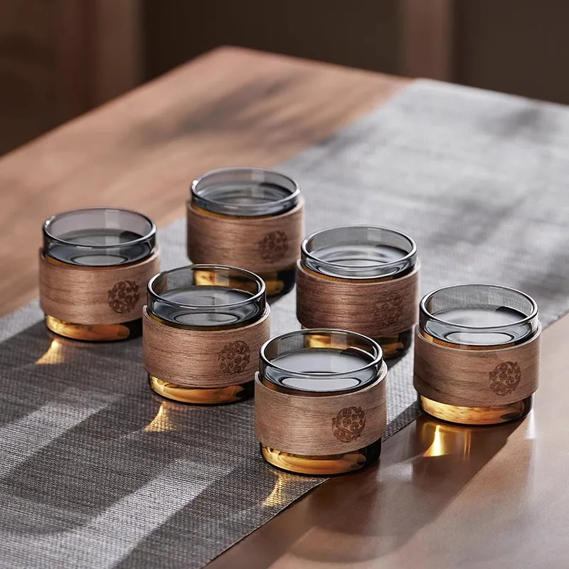 6pcs Heat-resistant Glass Tea Cup Set Of 150ml Home Coffee Espresso Mug With Scald Proof Wooden Holder Kungfu Tea Master Set