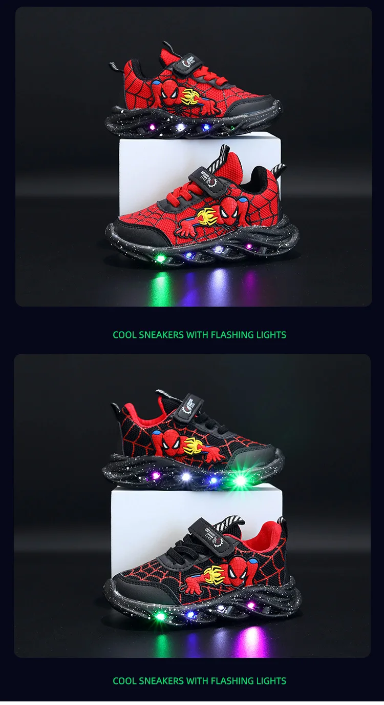 S5fb3f32290844961b78301fd240b95dd5 Disney LED Casual Sneakers Red Black For Spring Boys Spiderman Mesh Outdoor Shoes Children Lighted Non-slip Shoes Size 21-30