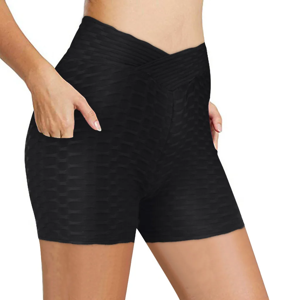 

Pocket Running Hip Shorts High Waist Stretch Yoga Women'S Wrinkle Fashion Yoga Pants