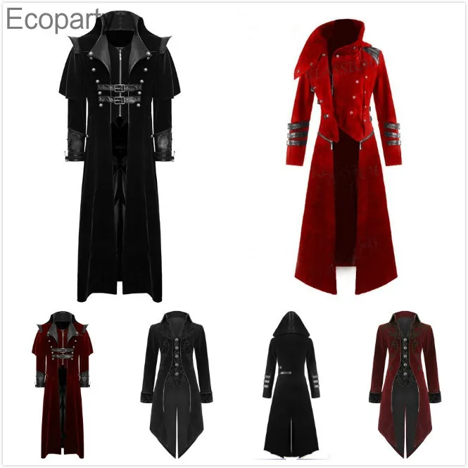 

Gothic Steampunk Vintage Medieval Vampire Devil Red Coat Trench Men Cosplay Costume Victorian Court Nobles Tailcoat Overcoat 11