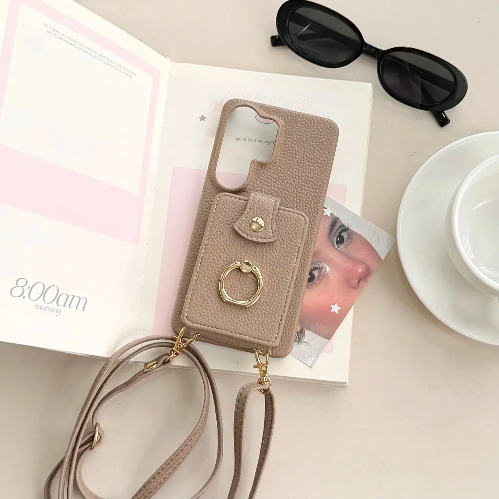 Crossbody Lanyard Phone Case with Card Slot, Ring Holder, and Kickstand in PU Leather