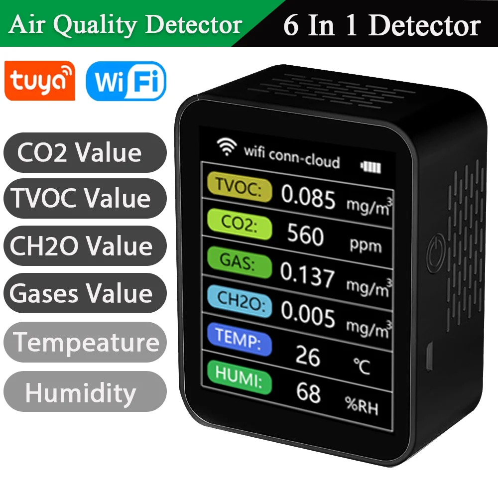 Monitor De Calidad Del Aire Inteligente - Mide CO2, Formaldehído, Humedad Y Más. Se Conecta A Tu Móvil Por WiFi Y Controla Otros Dispositivos.