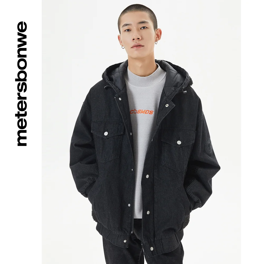 Metersbonwe Men 100%Cotton  Joint With Imitation Lamb Fur Hooded Loose Denim Jacket Winter Fashion Warm Cotton-Padded Jackets