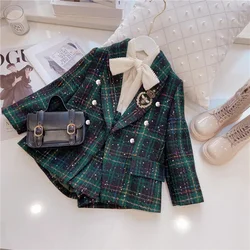 Girls 2pcs Set Korean Fashion Clothes for Girls Spring Autumn Plaid Blazer Coat Outwear+Shorts Outfits Children Clothing Suits