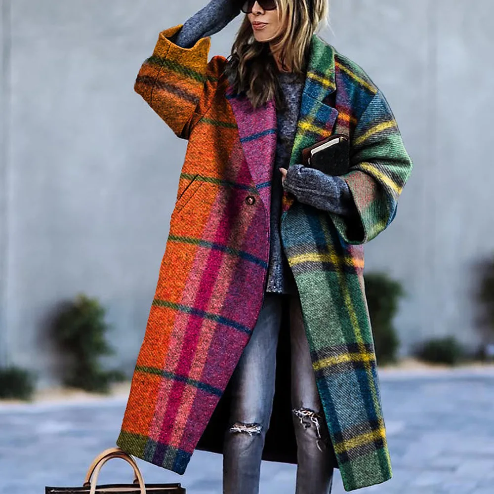 Chaqueta de manga larga con solapa para mujer, abrigo de lana estampado, novedad de otoño, - AliExpress
