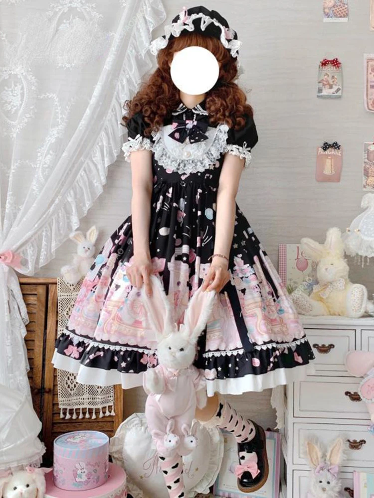 ワンピース [sankofa puella] Buttonette french dress Gothic Sweet Lolita Dress Square Collar Cat Printing