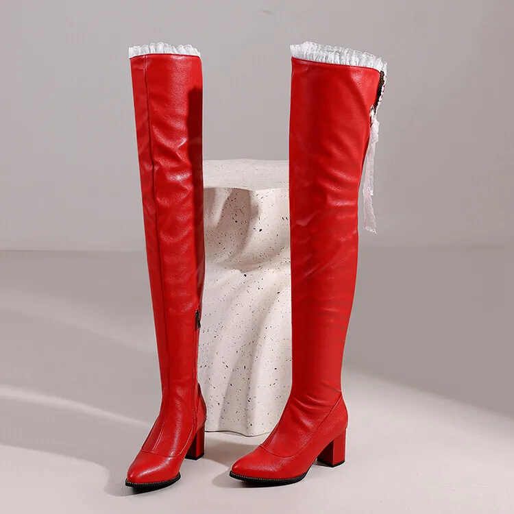 High Heels Wome Chunky Over The Knee Boots Side Zip Lace Thigh