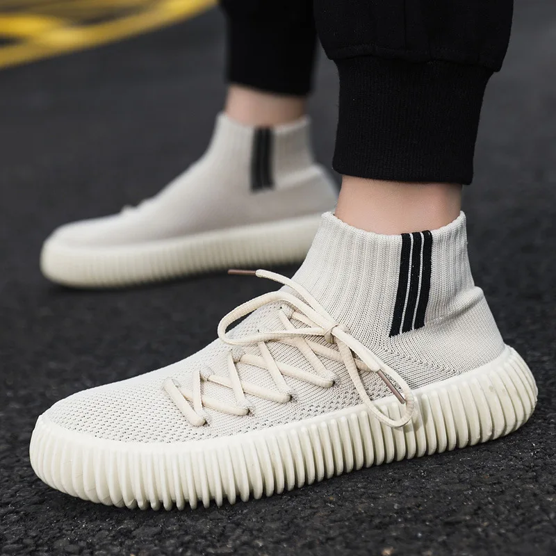 2024 New Casual Slip On Ankle Socking Boots Brand Kintted Autumn Boots Men Designer Lace Up Soft Loafers Platform Sneakers Males