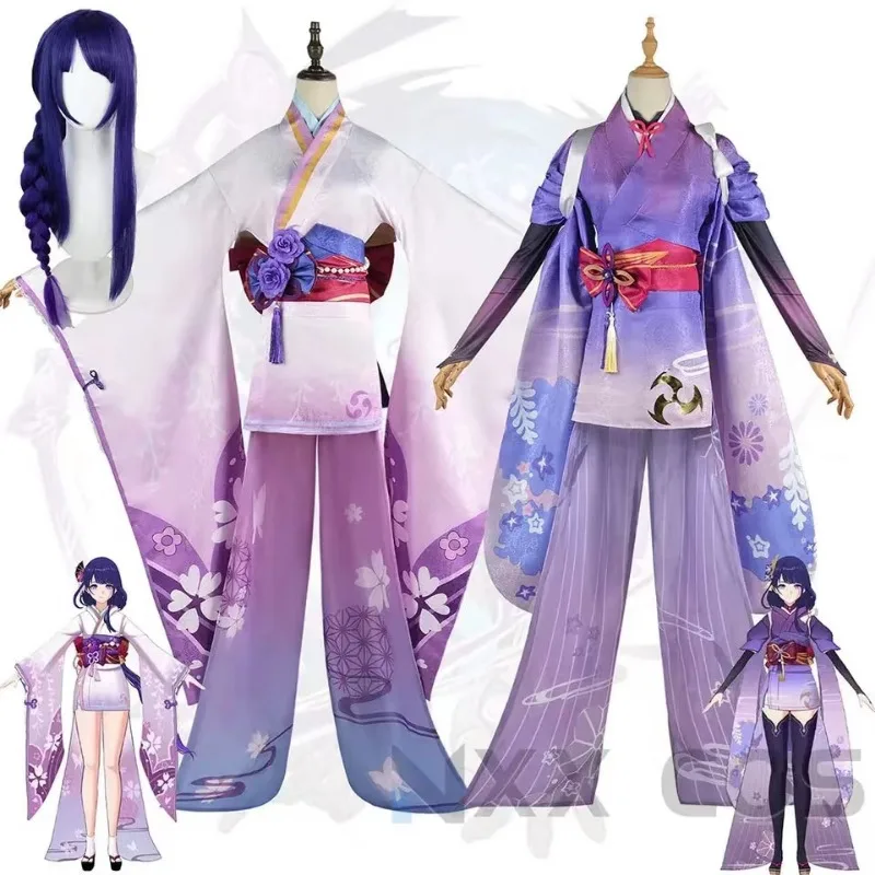 

Genshin Impact Raiden Makoto Baal Cosplay Costumes Uniform Anime Halloween Costumes Wig Masquerade Raiden Shogun Beelzebul Dress