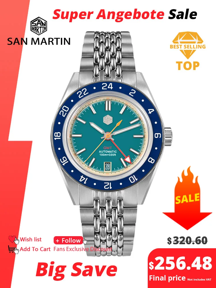 San Martin Origineel Ontwerp Mode Gmt 39.5Mm Heren Sporthorloge Japan Nh34 Automatische Mechanische Waterdichte 100M Sn0116 Reloj