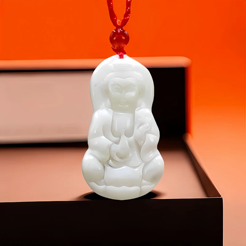 

Белый натуральный нефрит Guanyin Подвеска Ожерелье винтажные резные ювелирные изделия амулет подарок аксессуары дизайнерский китайский камень Мода