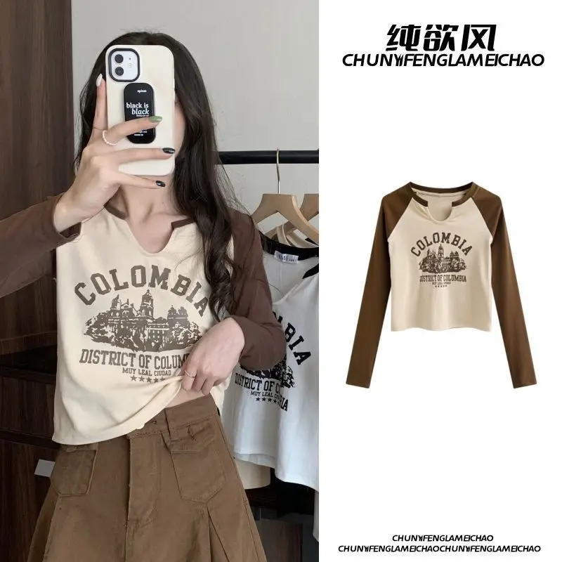 

2023 Printed Long Sleeve O Neck Slim Crop Tops Goth Casual Streetwear Fashion Woman Blouses Y2K Vintage Women T-shirts Cute Tee