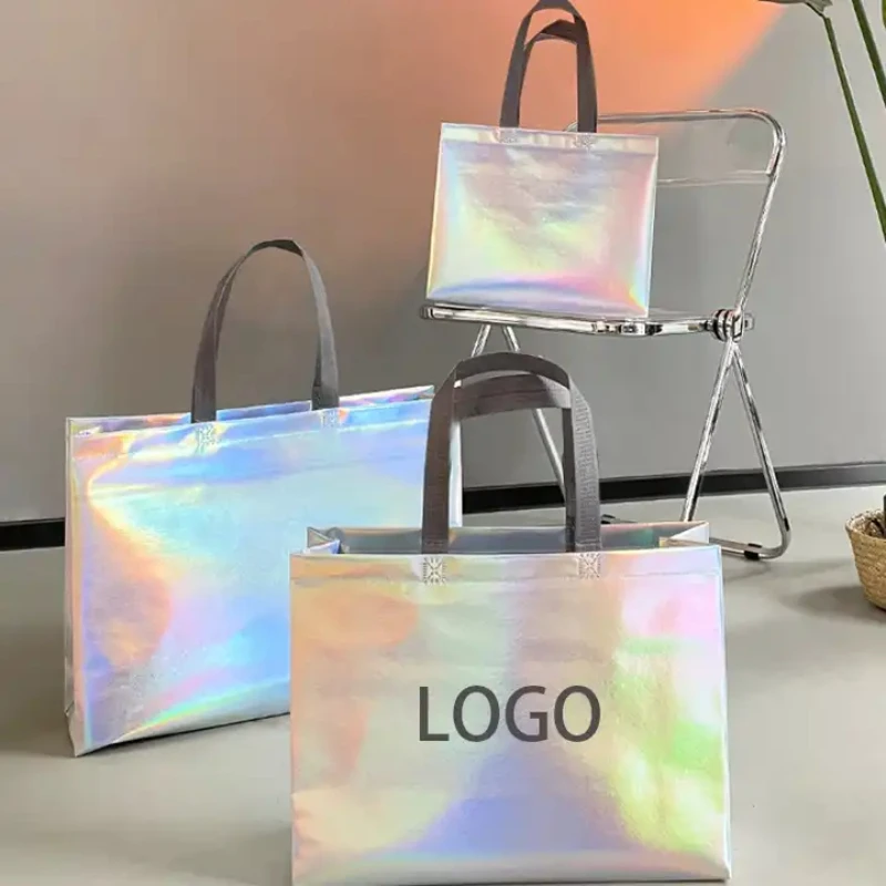 500pcs Large Capacity Holographic Packaging Laser Metallic Laminated Non-Woven PP Non Woven Shopping Tote Bags with