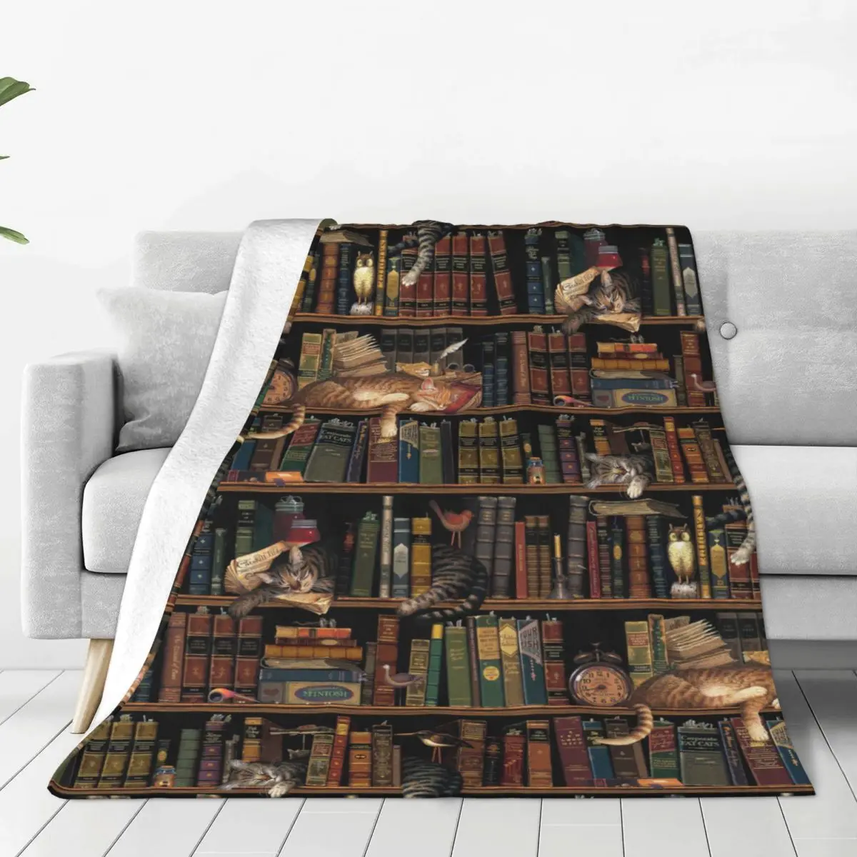 

Reading Antique Books Blanket Mysterious Cats Flannel Novelty Warm Throw Blankets for Home Autumn/Winter 1