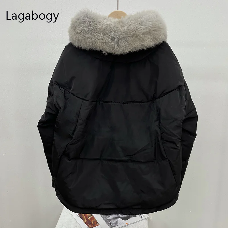 

90% Real Fox Fur Collar 2023 Big White Duck Down Short Coat Winter Women Loose Warm Puffer Jacket Female Snow Parkas