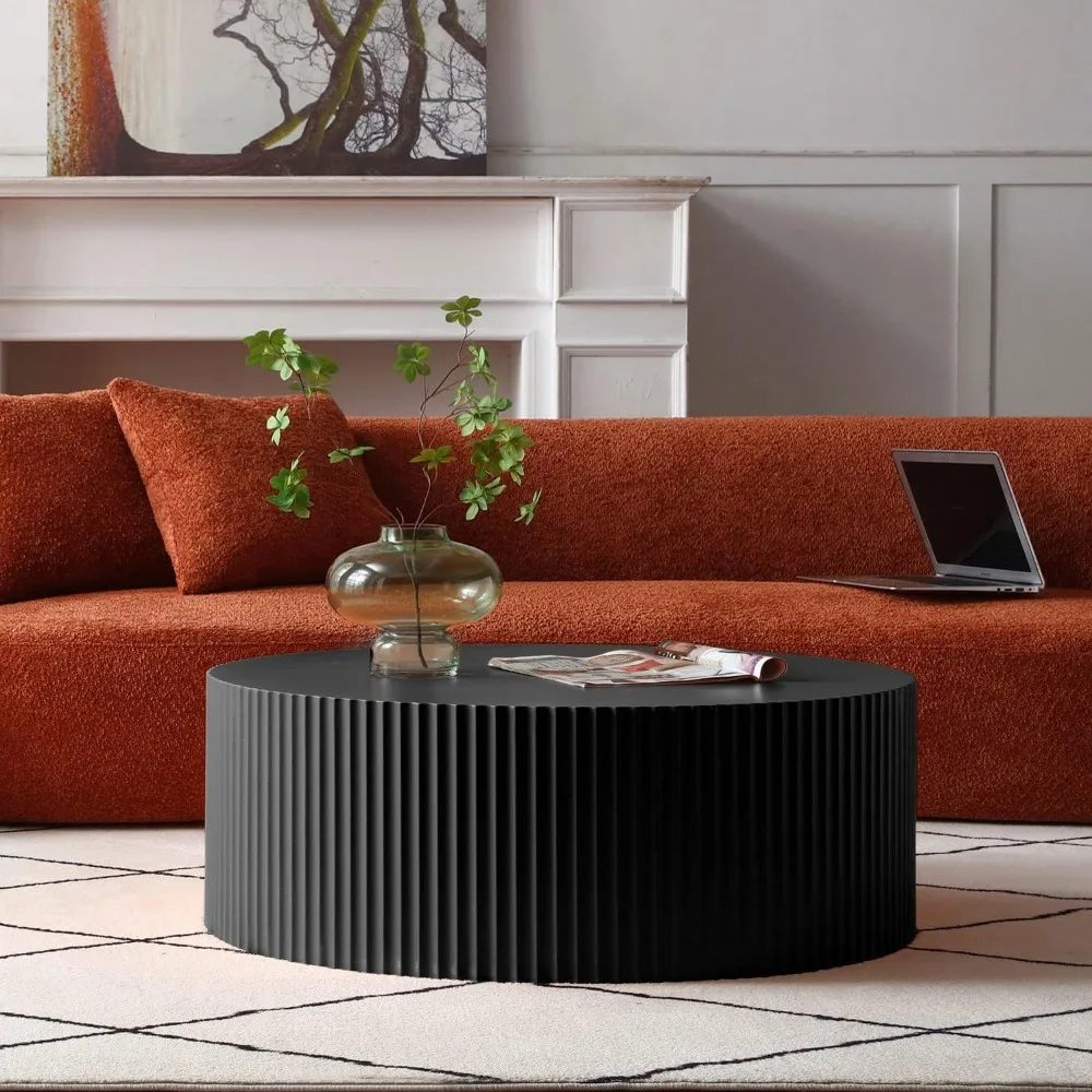 Black Round Coffee Table Modern Side Table End Table for Living Room, Wood Circle Drum Coffee Tables Contemporary Livin 4