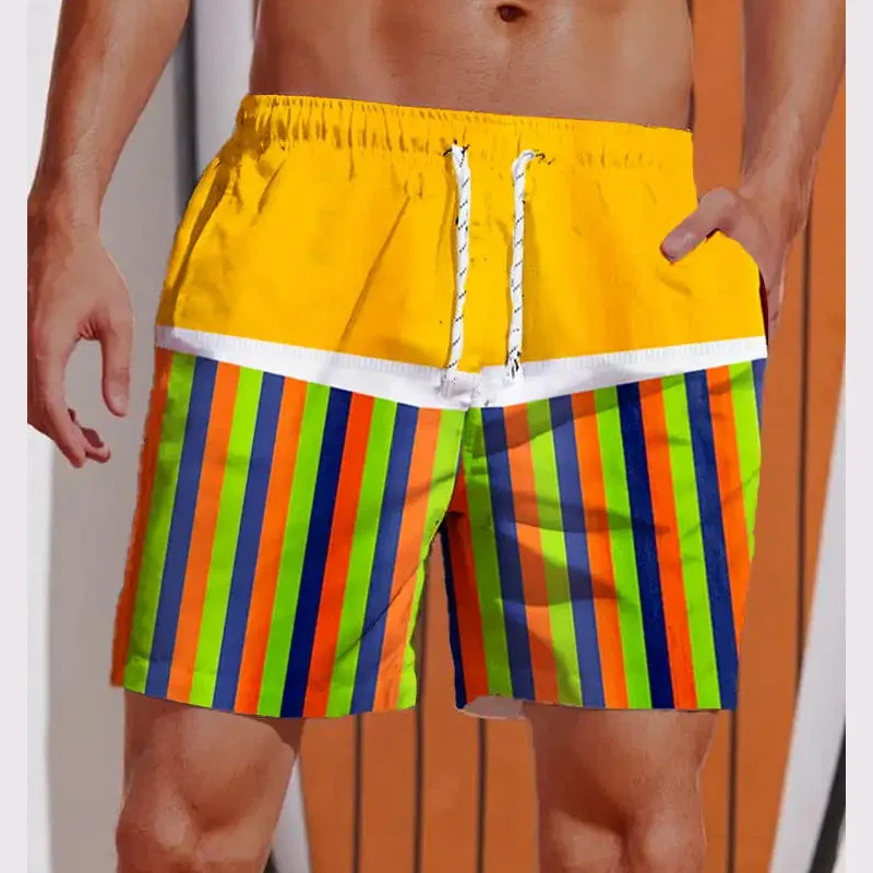 3D Printed Striped Flame Beach Shorts Men's Splicing Grid Pattern Board Shorts Summer Drawstring Breathable Hawaiian Swim Trunks 4