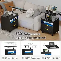 Height Adjustable Nightstand with Charging Station, LED Bedside Table 2 Drawers, Smart Wooden End Table Dorm, Customized 3