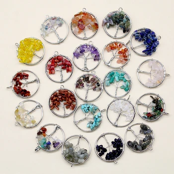 Commercio all'ingrosso Pietra naturale Ametista Lapislazzuli 30mm Ciondolo albero della vita 7 Chakra Reiki Ciondolo per creazione di gioielli 10 pezzi Mix 1