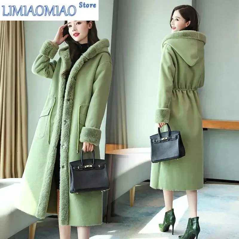 New Faux Fur Coat Lamb Wool Cotton Coat Women's Long Fashion Winter Coat Velvet Thick Woolen Parka Trend Green High Quality