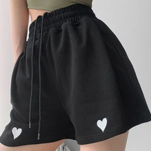 

Shorts Women Summer Solid Heart-embroidered High Waist All-match Wide Leg Sweet Korean Style College Stretchy Female New Simple