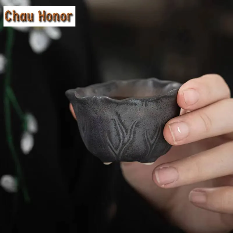 2pcs /Set Japanese Style Gilded Rust Glaze Ceramic Tea Cup Creative Lotus Small Tea Cup Master Cup Kung Fu Teaset Small Tea Bowl