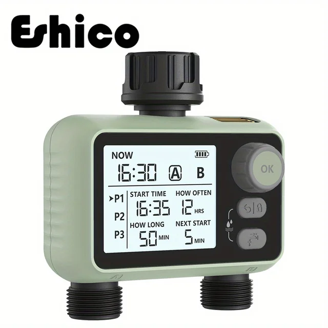 Eshico Autumn Newest 2-outlet Water Timer A/B 6P Plans Watering Delay with Intelligent Rain Sensor Brass Joint & Knob Operation 1