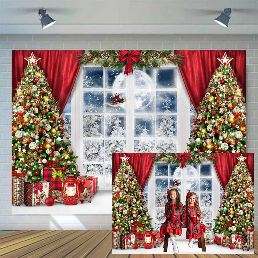 Mocsicka Natal Backdrops para Fotografia Natal Árvore Janela Neve Lua Cheia Foto Fundos Criança Retrato Atirar Estúdio Adereços