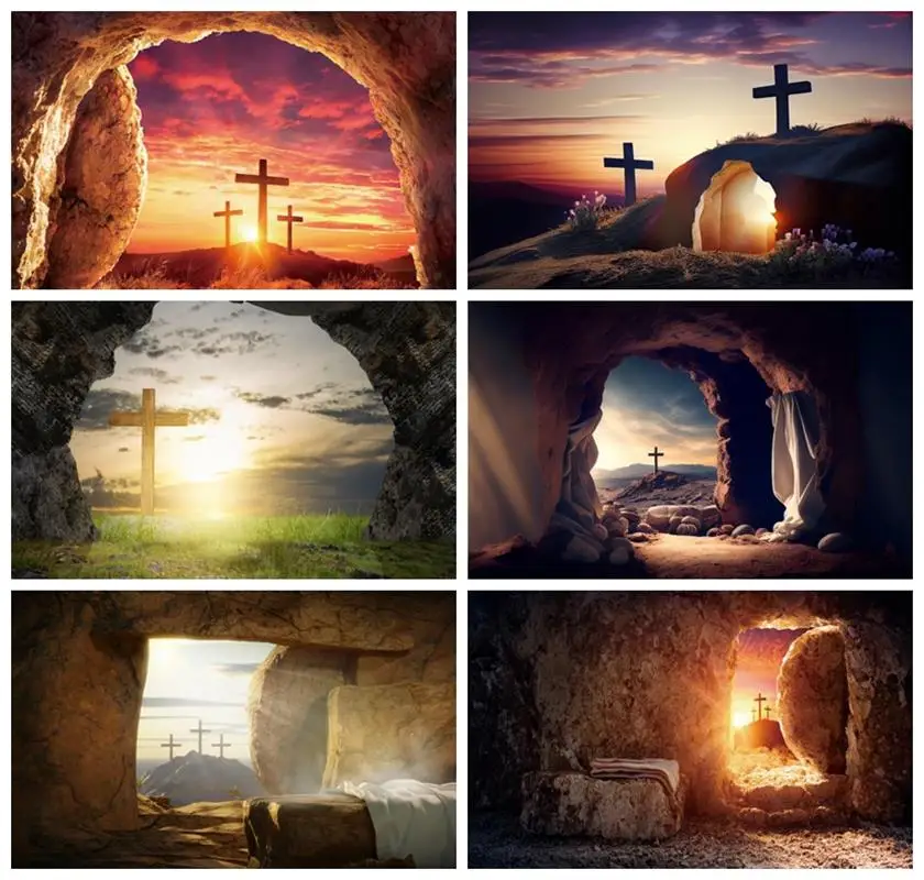 Laeacco Jesus Christ Cross Easter Backdrop Sunrise Crucifiction Cross Holy Light Stone Cave Tomb Calvary Photography Background