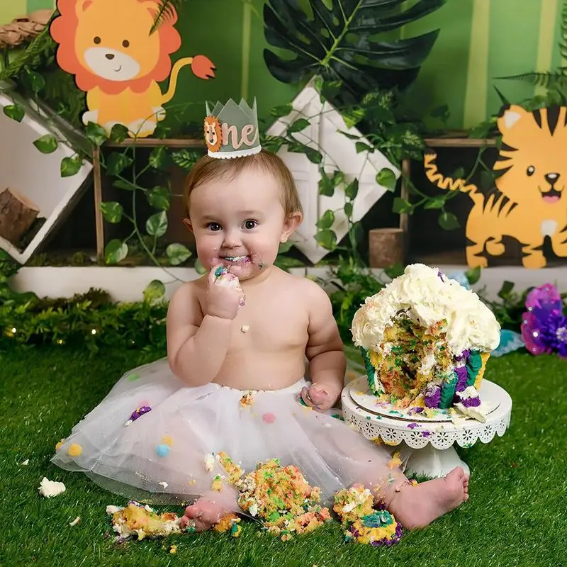 party hat birthday crown baby crown hat cartoon one year felt crown hats birthday party ONE lion animal jungle party hat kids baby shower happy 1st birthday decor