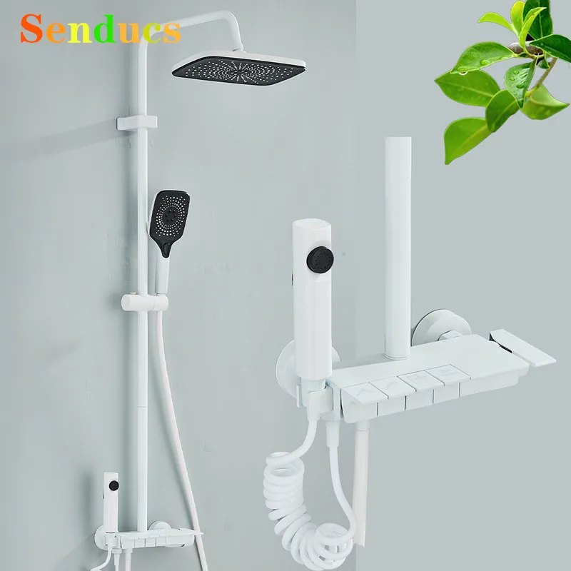 เปียโนสีขาวห้องน้ําชุดฝักบัว 12 นิ้วหัวฝักบัวทองเหลืองห้องน้ําก๊อกน้ําอุปกรณ์เสริมเปียโนเย็นห้องน้ําระบบ 1