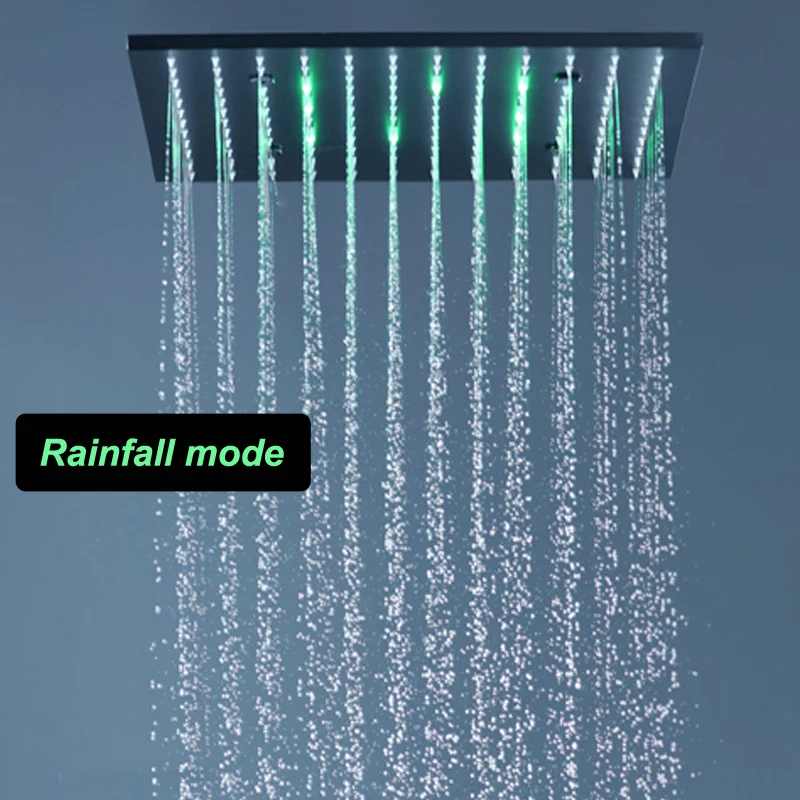 Description Picture 3 of itemhm High Quality Black Shower Set 20 Inches Rainfall Spray LED Showerhead Panel Side Jets Thermostatic Valve Mixer Faucets System