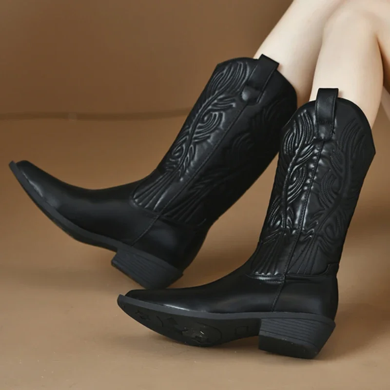 Black Chunky Heel Mid Calf Riding Boots for Women 2023 Winter Female Shoes Women's Pionted Toe Boots Fashion Ladies Cowboy Boots