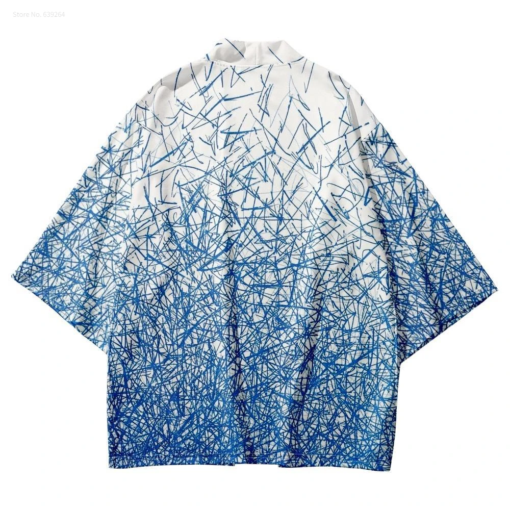 Fashion Geometry Print Casual Traditional Haori Women Men Japanese Beach Yukata Clothing Cosplay Cardigan Shirts White Kimono