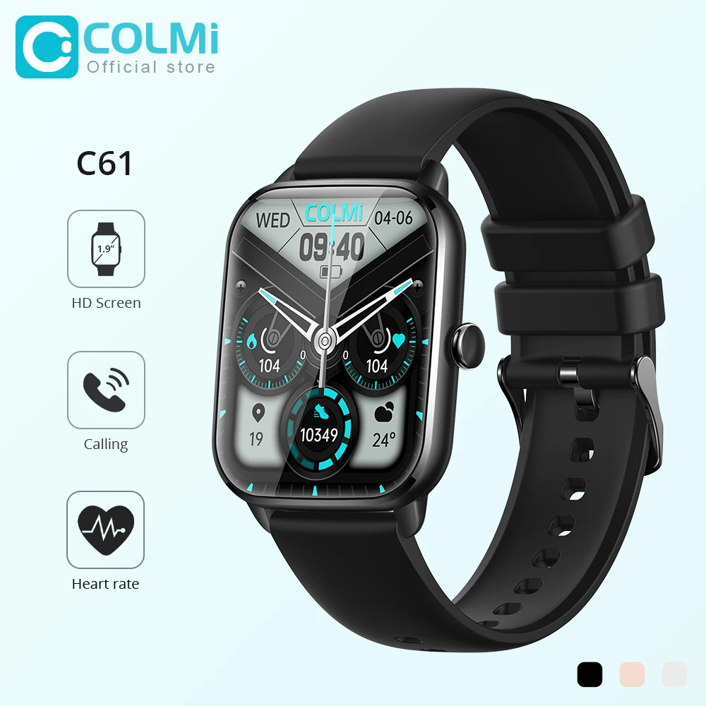 COLMI C61 남녀공용 스마트 워치, 블루투스 통화, 심박수 및 수면 모니터, 100개 이상 스포츠 모델, 1.9인치 풀 스크린