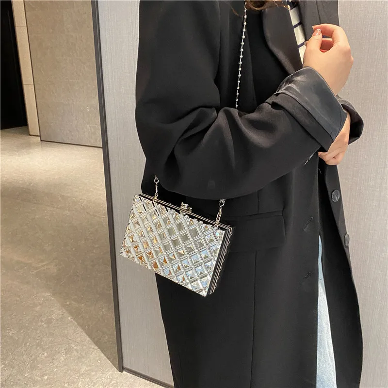 Designer Clutch Bag Gold Silver PVC Box Design Party Evening Chain Shoulder  Crossbody Bags Mini Purses and Handbags