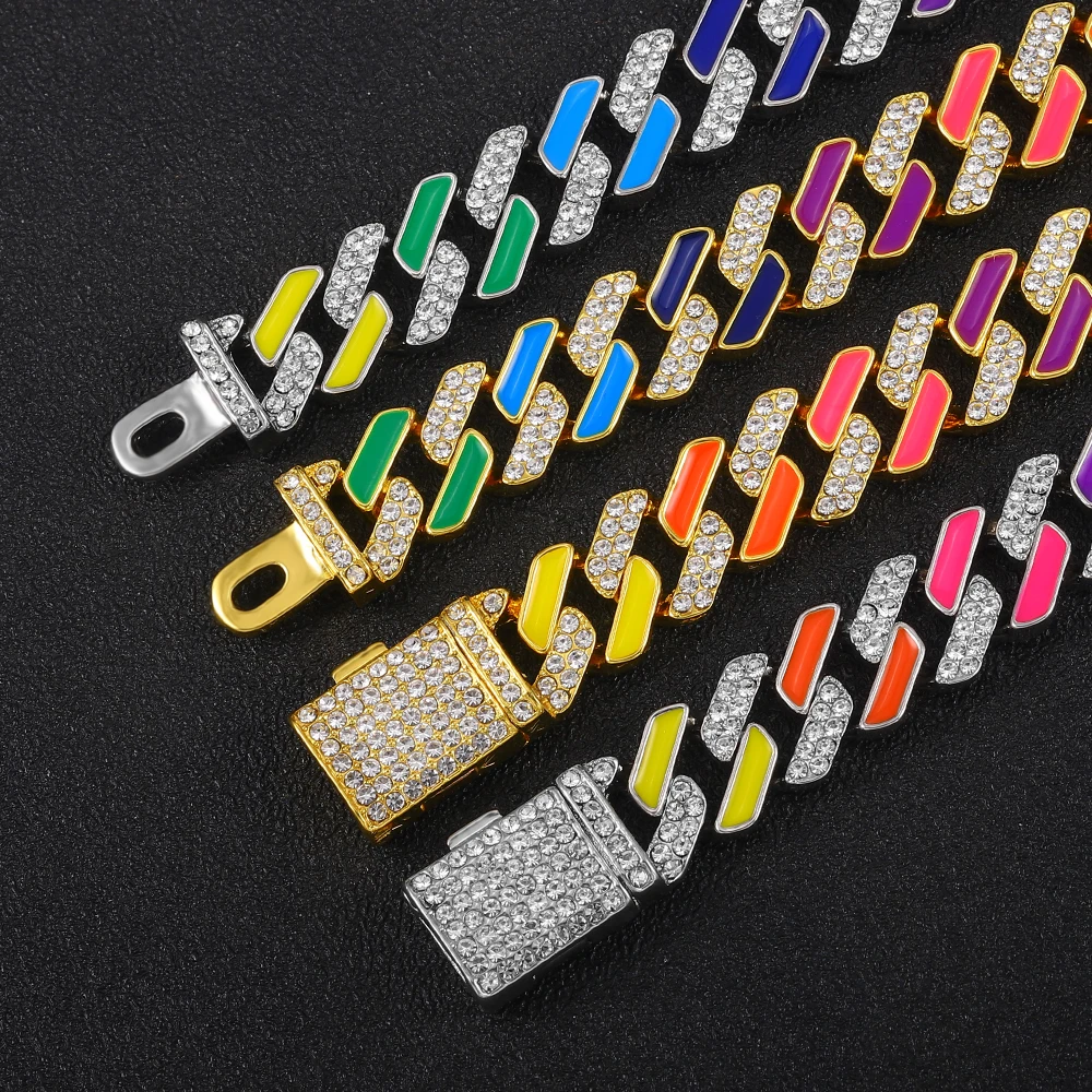 다채로운 사각 마이애미 쿠바 링크 체인, 13mm 목걸이, 18 인치, 20/24 인치 길이, 블링 초커, 힙합, 스타일리시 남녀공용 쥬얼리