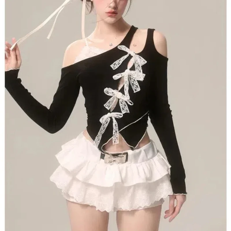 

Korean Spring Autumn 2024 Lolita Patchwork Diagonal Collar Lace Bow Irregular Slim Minimalist Casual Long Sleeved T-shirt Tops