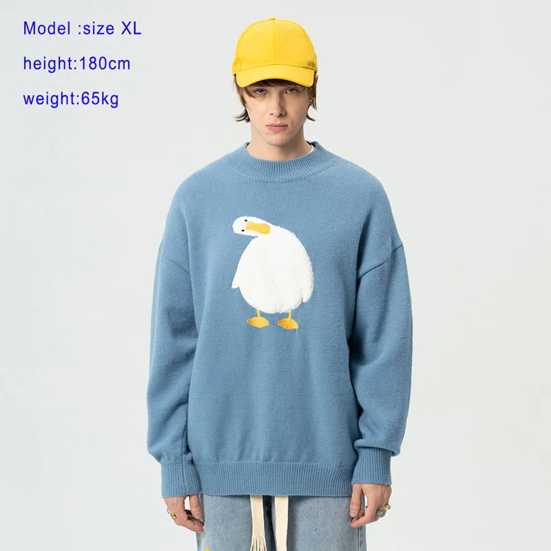 Oversize Furry Head Tilted Duck Sweater Men Harajuku Winter Cartoon Goose  Pattern Pullover Woman Black Knitted Jumper Pull Homme