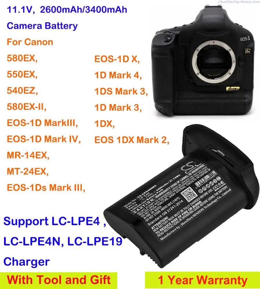 Batteria Per Fotocamera Orangeyu 2600Mah/3400Mah Lp-E4N Per Canon 580Ex-Ii,580Ex,550Ex,540Ez,Mr-14Ex,Mt-24Ex,1Dx,1Ds Mark 3,580Ex-Ii