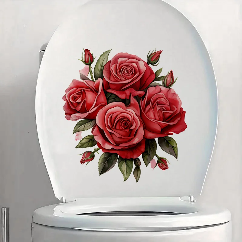 90866# Abstract Red Rose Toilet Sticker, Durable Material, Perfect for Home Wall Decor, Aesthetic Room Decoration