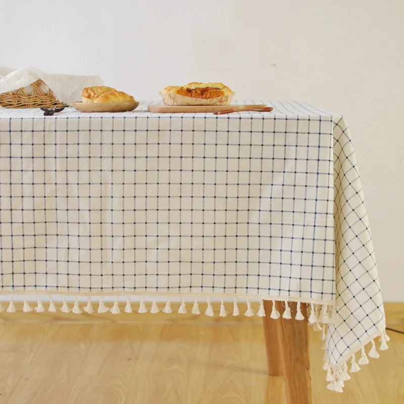 

Blue Plaid Tablecloth on White Background Fresh Literary Coffee Table Tassel Cover Towel Cotton and Linen Home Fabric