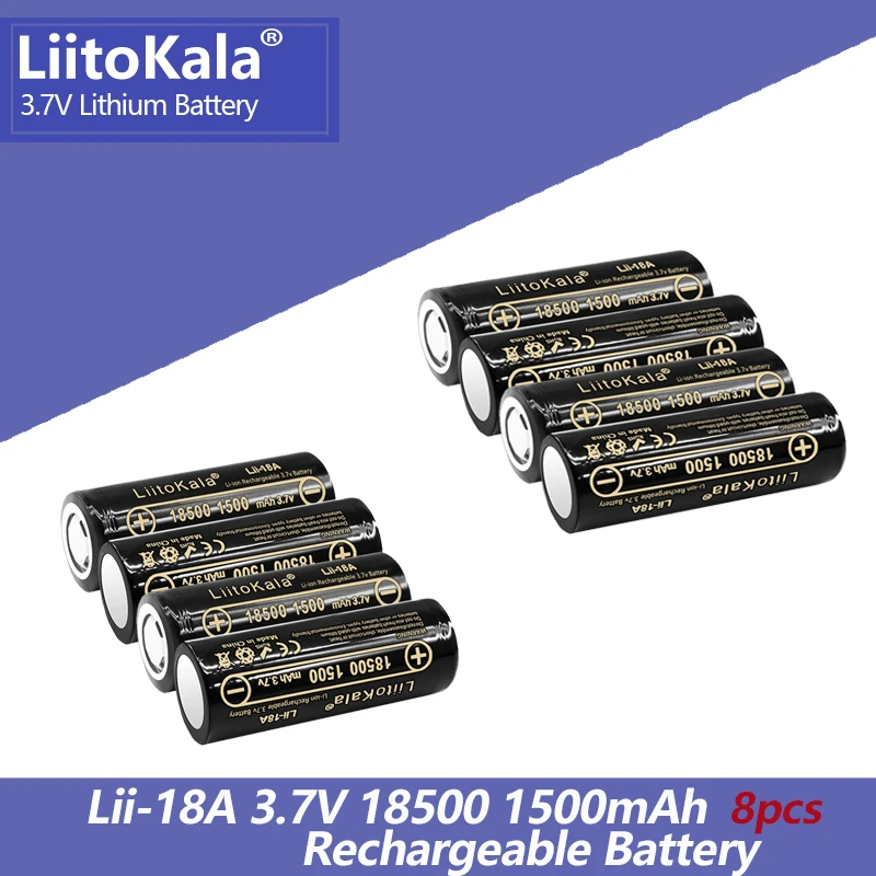 

8 шт., перезаряжаемые литиевые батарейки 3,7 в 18500 1500 мАч