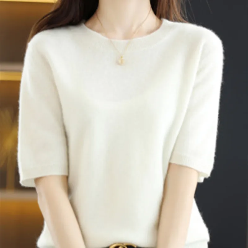 รูปสินค้า ฤดูใบไม้ผลิและฤดูร้อนใหม่แขนสั้นผู้หญิง O-คอ Slim Wool Cotton Blend เสื้อกั๊กเสื้อยืดถักเสื้อกันหนาว