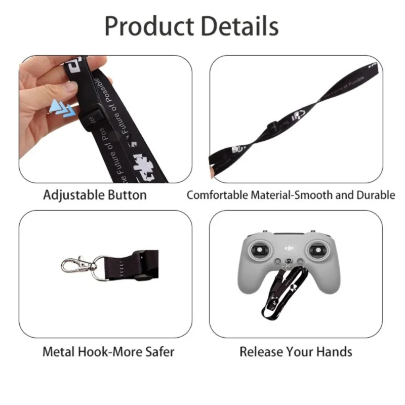 Sangle de cou pour émetteur drone FPV, vue détaillée du mousqueton et du passant de réglage en nylon.