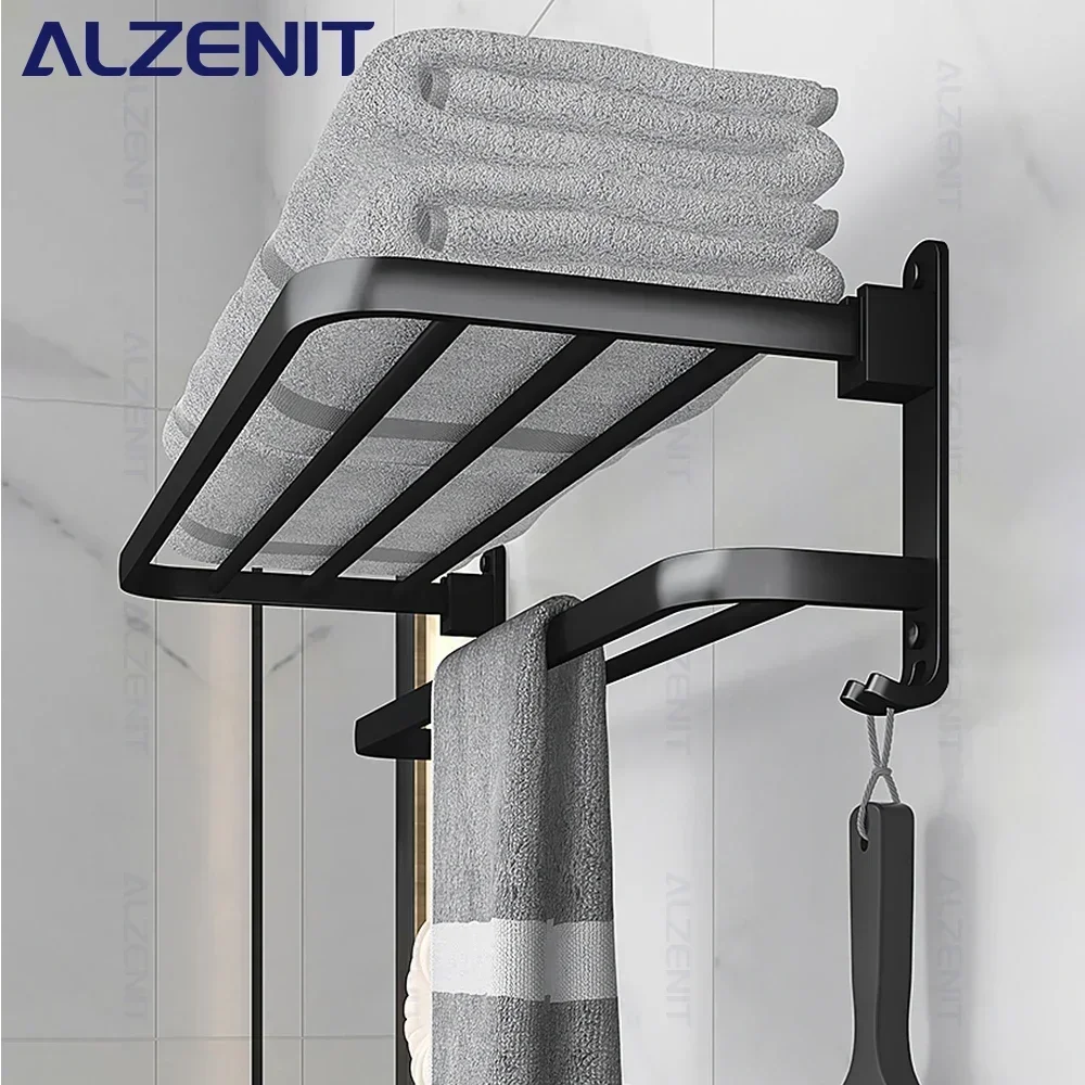 Matte Black Towel Rack 40-60CM Movable Holder With Hook Wall Mount Shelf Aluminum Shower Bar Hanger Rail Bathroom Accessories